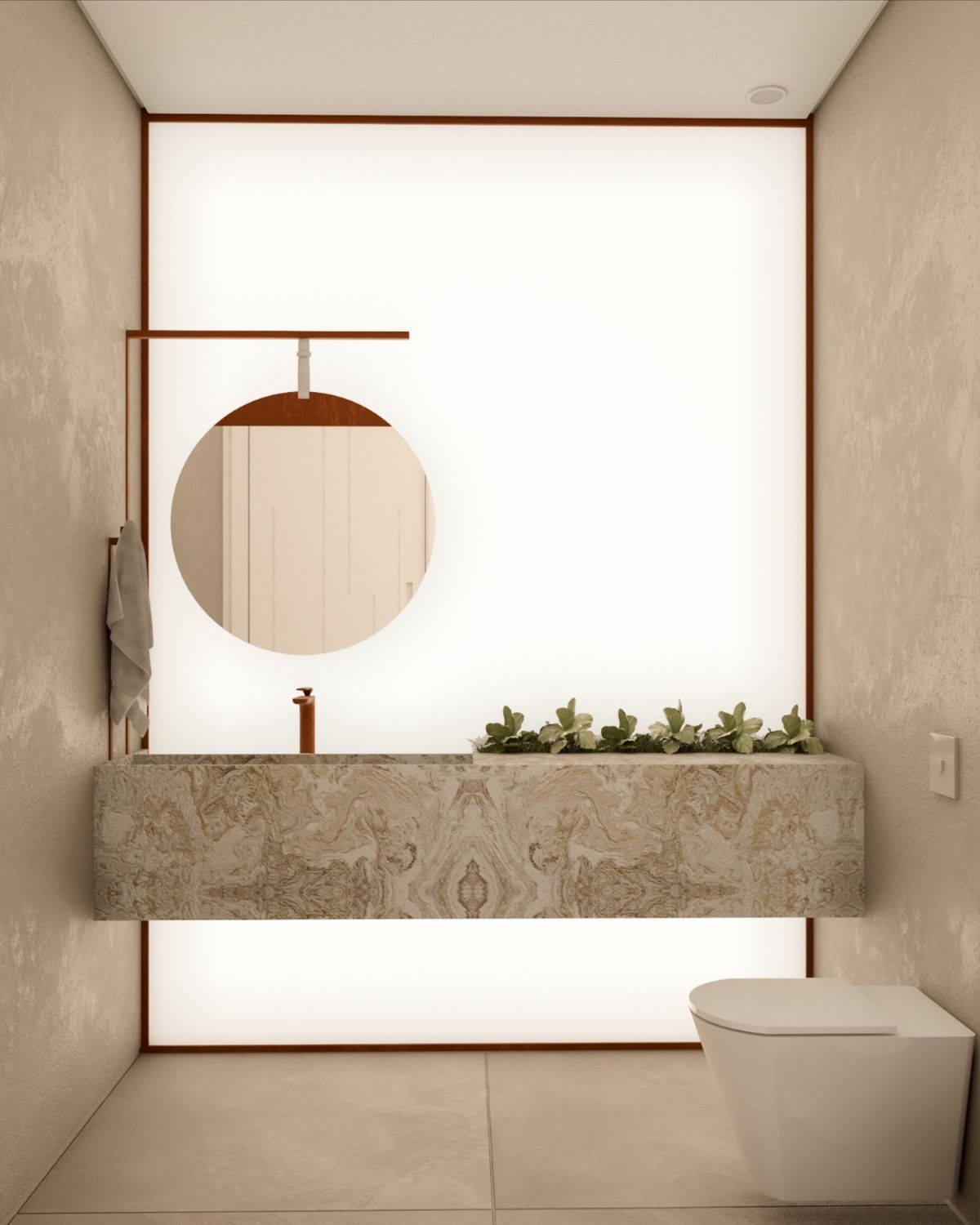Parede tensionada iluminada integrada a um lavabo minimalista
