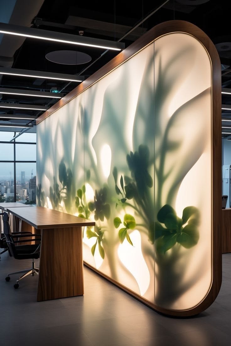 Painel tensionado iluminado integrado à arquitetura de um escritório